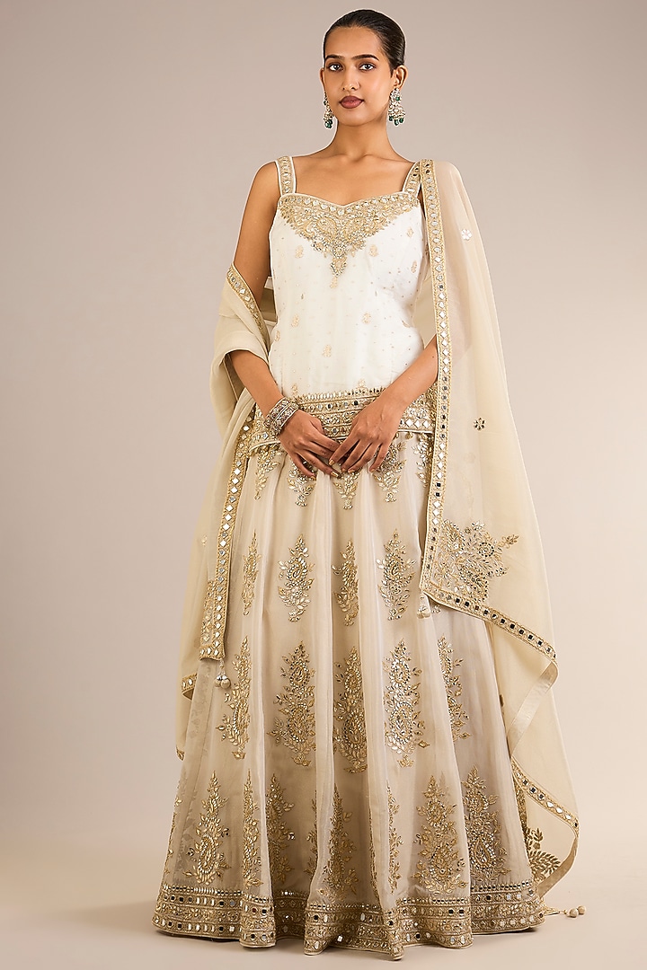 White & Ivory Tissue Mirror Embroidered Wedding Lehenga Set by Suhino at Pernia's Pop Up Shop
