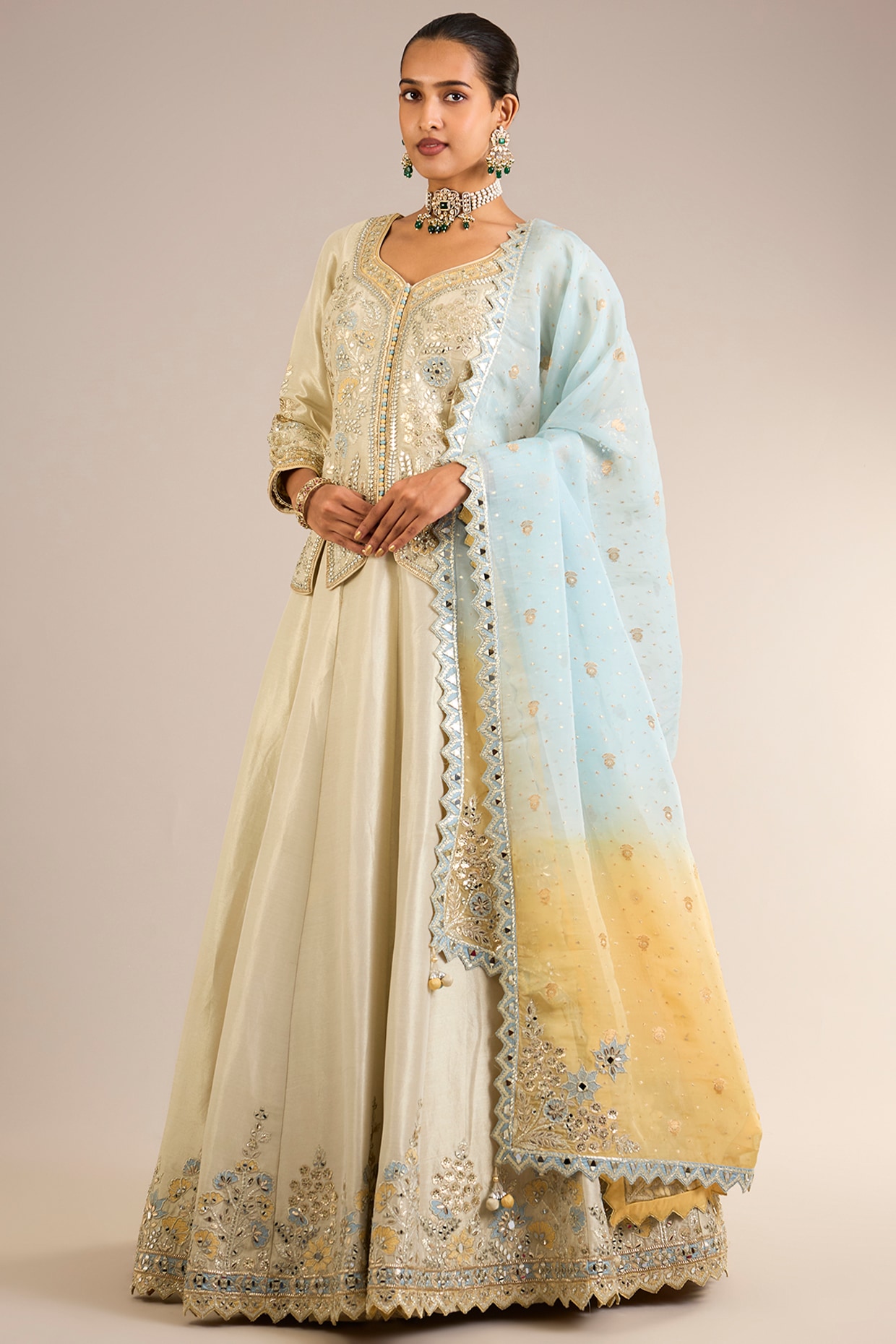 Suhino Ivory Tissue Mirror Embroidered Lehenga Set