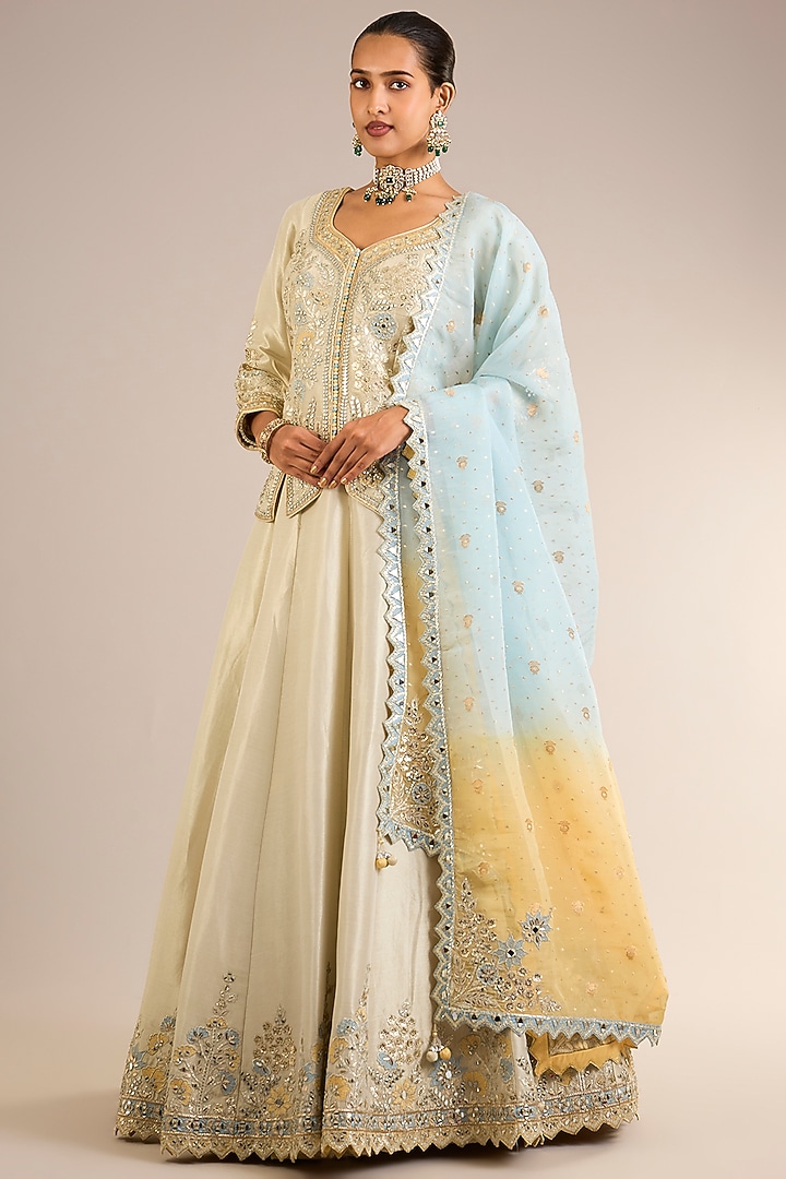 Ivory Tissue Mirror Embroidered Wedding Lehenga Set by Suhino at Pernia's Pop Up Shop