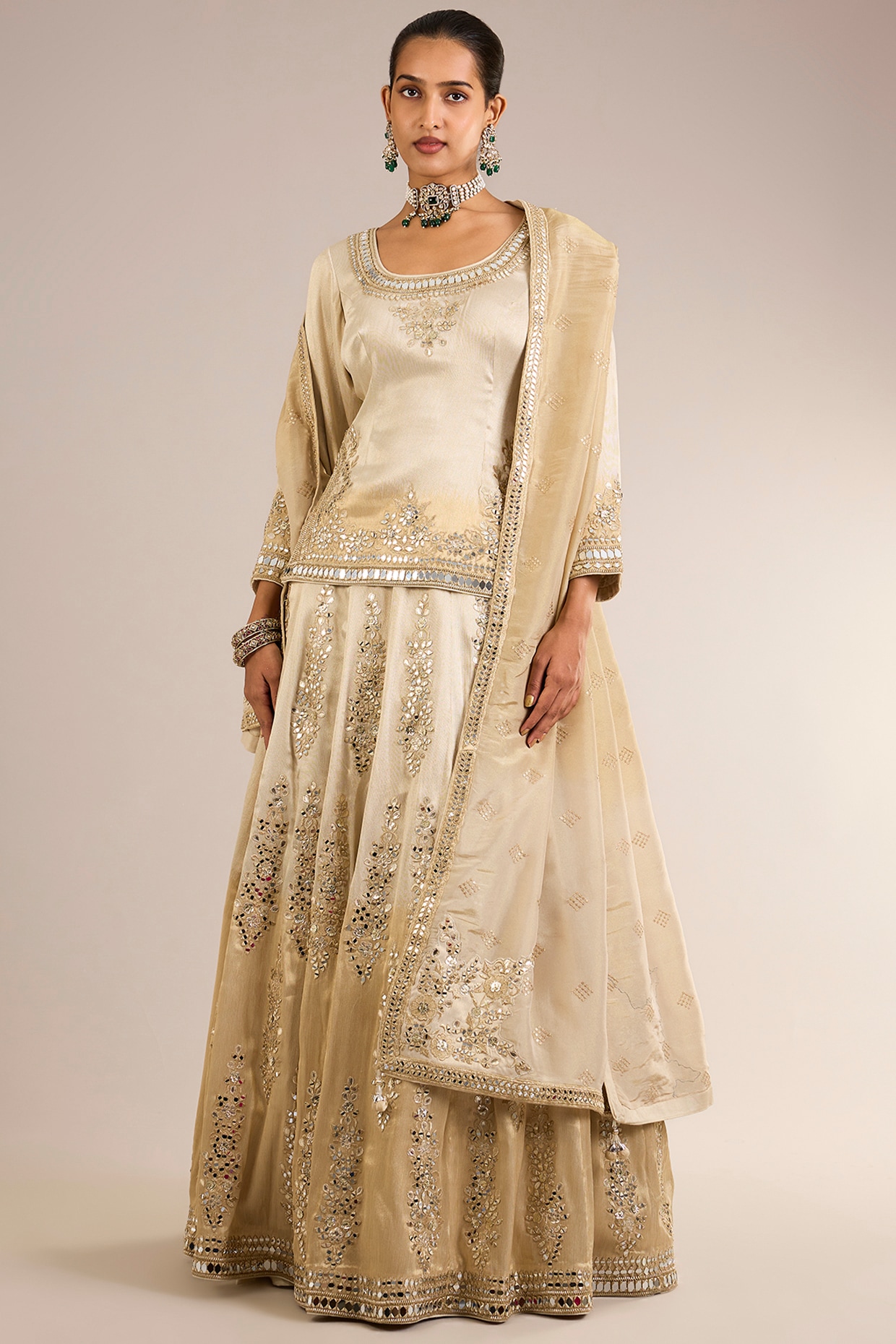 Suhino Ivory & Gold Ombre Tissue Mirror Embroidered Lehenga Set