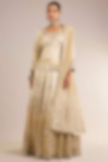 Ivory & Gold Ombre Tissue Mirror Embroidered Wedding Lehenga Set by Suhino at Pernia's Pop Up Shop