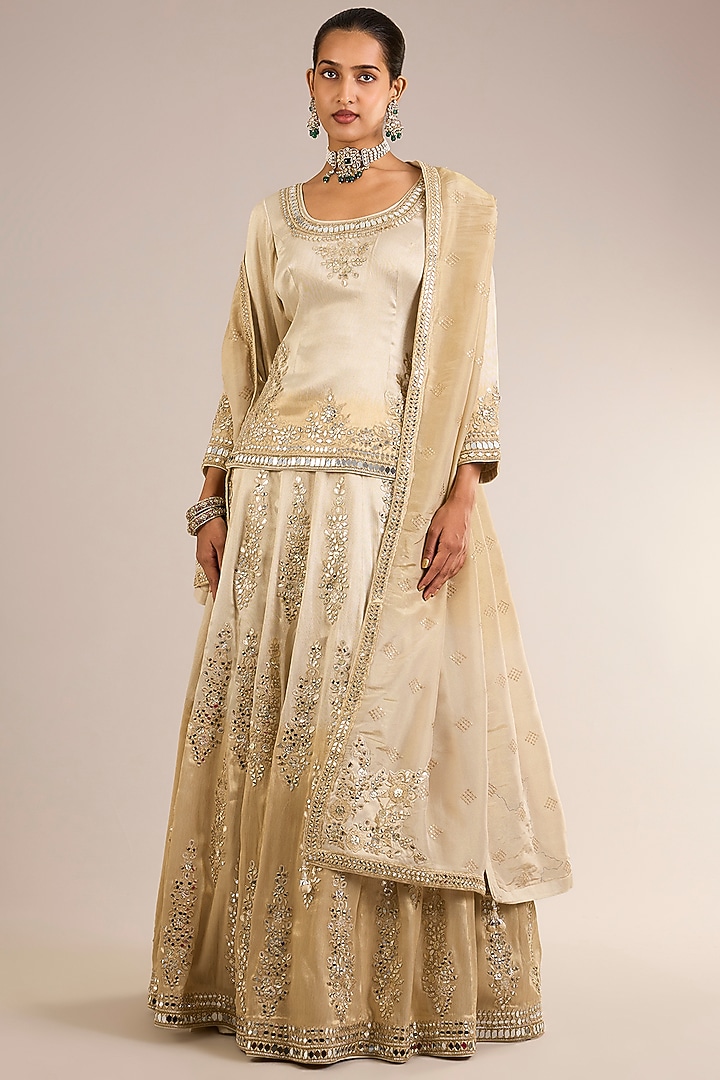 Ivory & Gold Ombre Tissue Mirror Embroidered Wedding Lehenga Set by Suhino at Pernia's Pop Up Shop