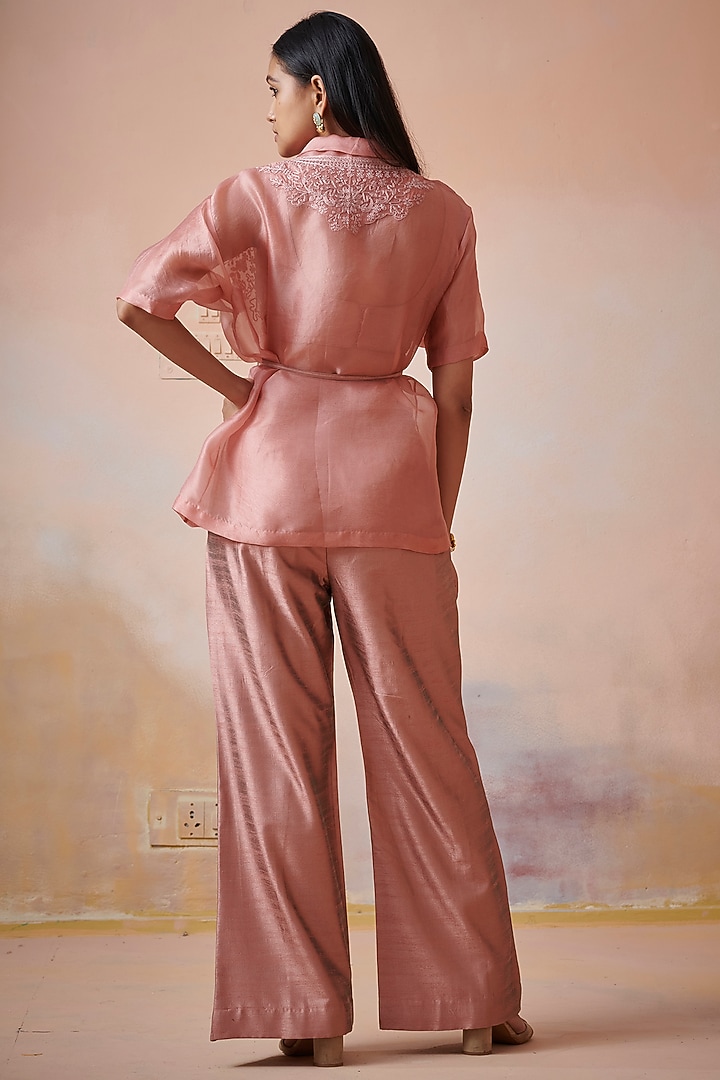 Melon Orange Slub Silk Dori Work Co-Ord Set by Suhino at Pernia's Pop Up Shop