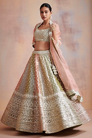 Tri-coloured Embroidered Lehenga Set by Suhino
