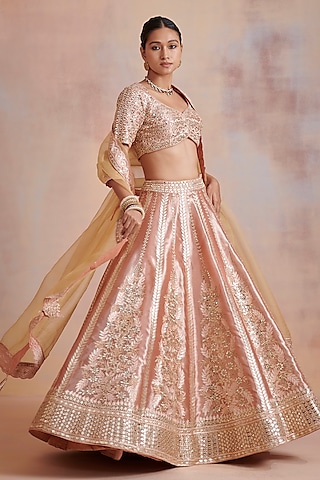 Melon Orange Embroidered Lehenga Set by Suhino