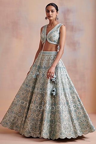 Ice Blue Embroidered Lehenga Set by Suhino