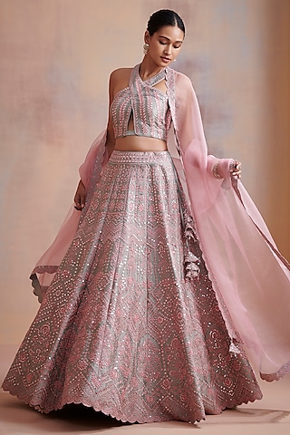 Pink Embroidered Lehenga Set by Suhino