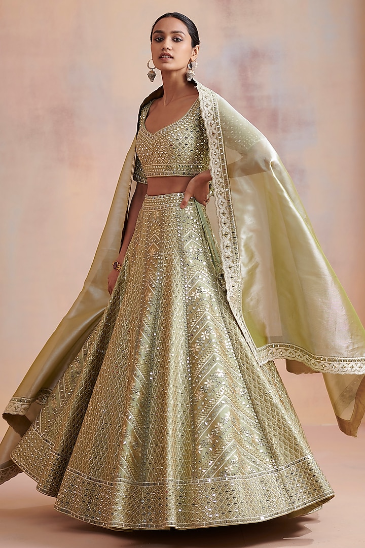 Sage Green Embroidered Wedding Lehenga Set by Suhino at Pernia's Pop Up Shop