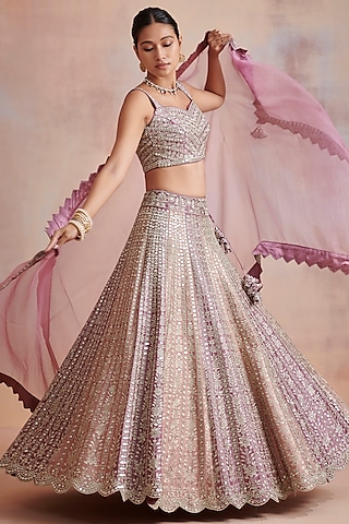 Plum & Old Rose Embroidered Lehenga Set by Suhino