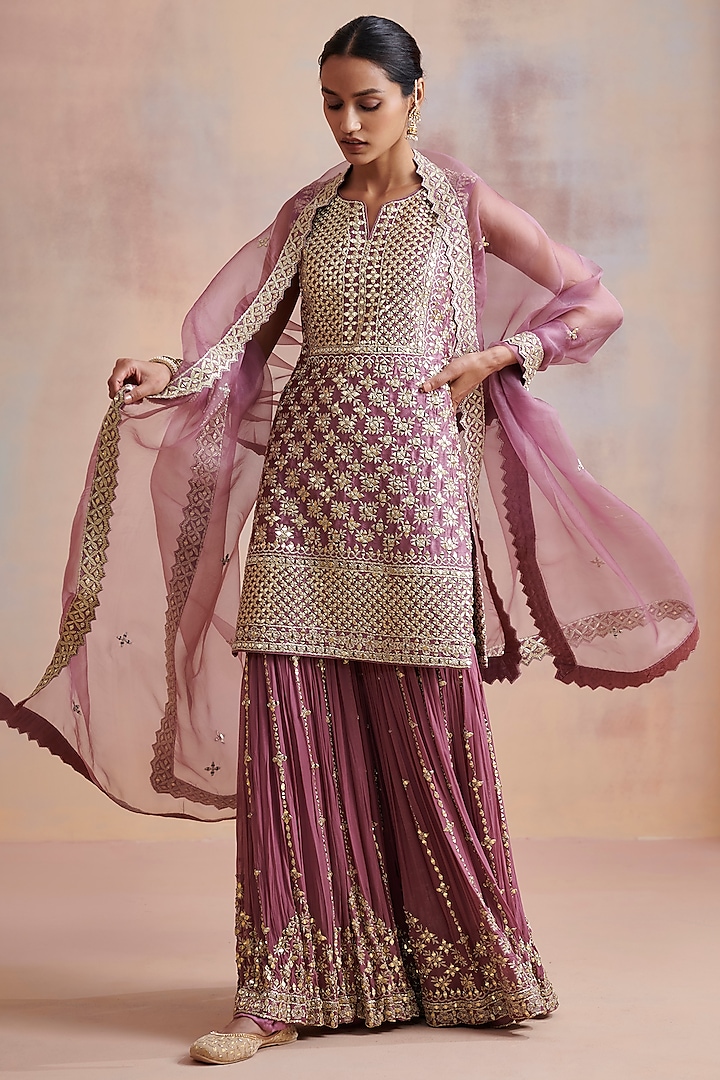 Plum Georgette Zari & Mirror Embroidered Gharara Set by Suhino