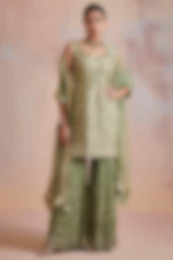 Sage Green Embroidered Gharara Set by Suhino