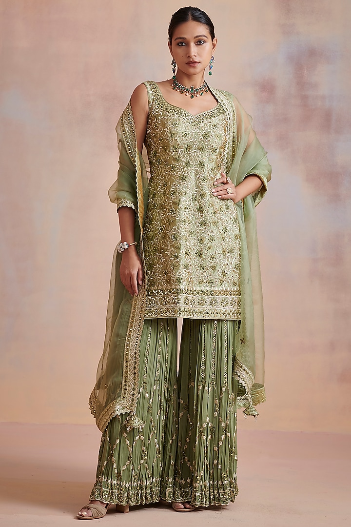 Sage Green Georgette Zari & Resham Embroidered Gharara Set by Suhino