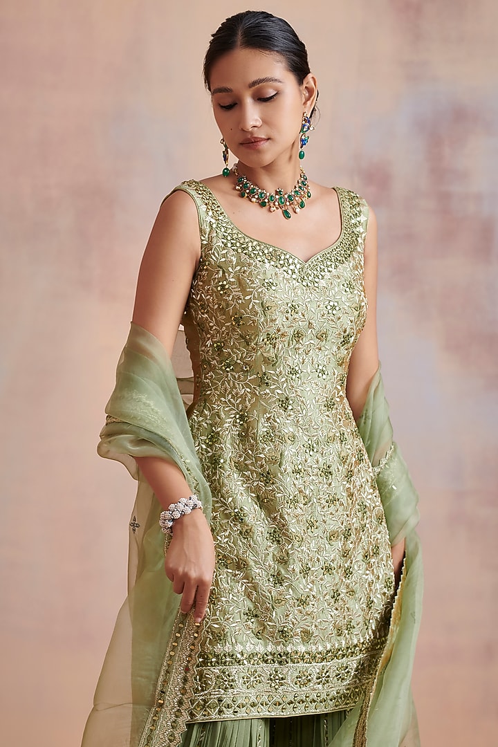 Sage Green Georgette Zari & Resham Embroidered Gharara Set by Suhino at Pernia's Pop Up Shop