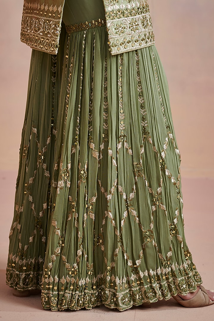Sage Green Georgette Zari & Resham Embroidered Gharara Set by Suhino at Pernia's Pop Up Shop