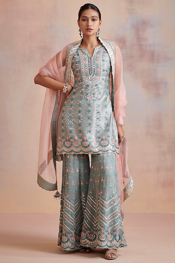 Ice Blue Embroidered Gharara Set by Suhino