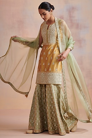 Sage Green Slub Silk Gharara Set by Suhino