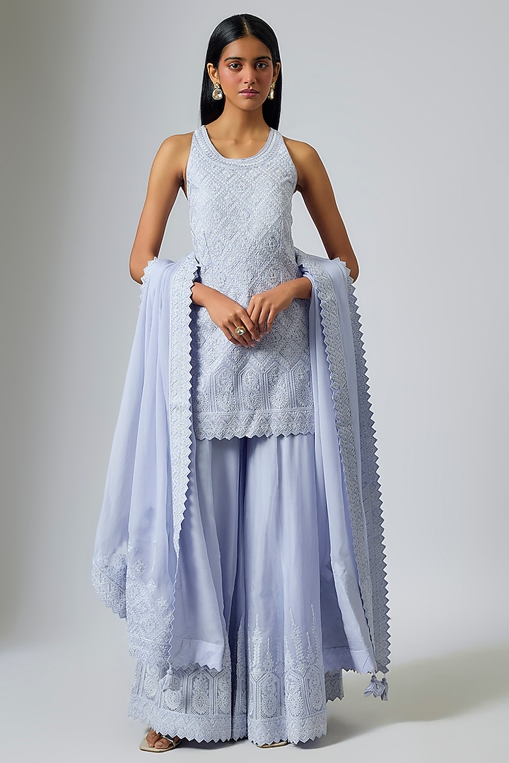 Steel Blue Organza Dori Work Wedding Sharara Set by Suhino at Pernia's Pop Up Shop