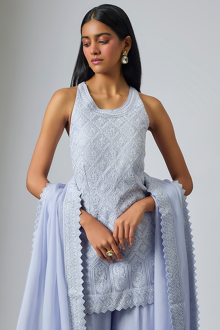 Steel Blue Organza Dori Work Wedding Sharara Set by Suhino at Pernia's Pop Up Shop