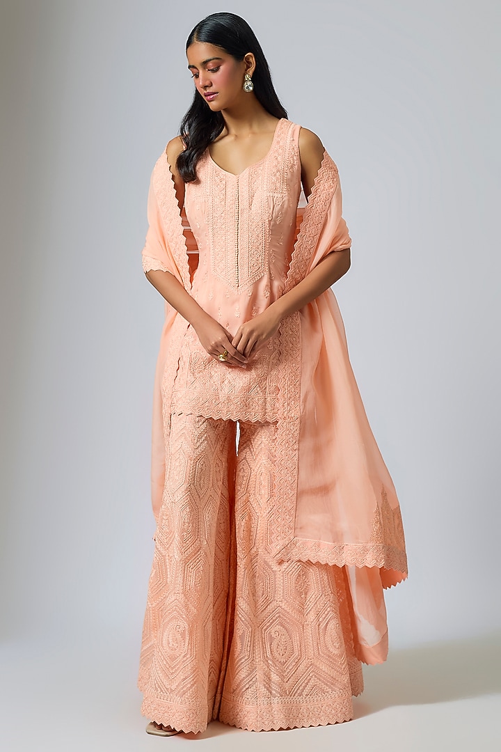 Peach Organza Dori Work Wedding Sharara Set by Suhino at Pernia's Pop Up Shop