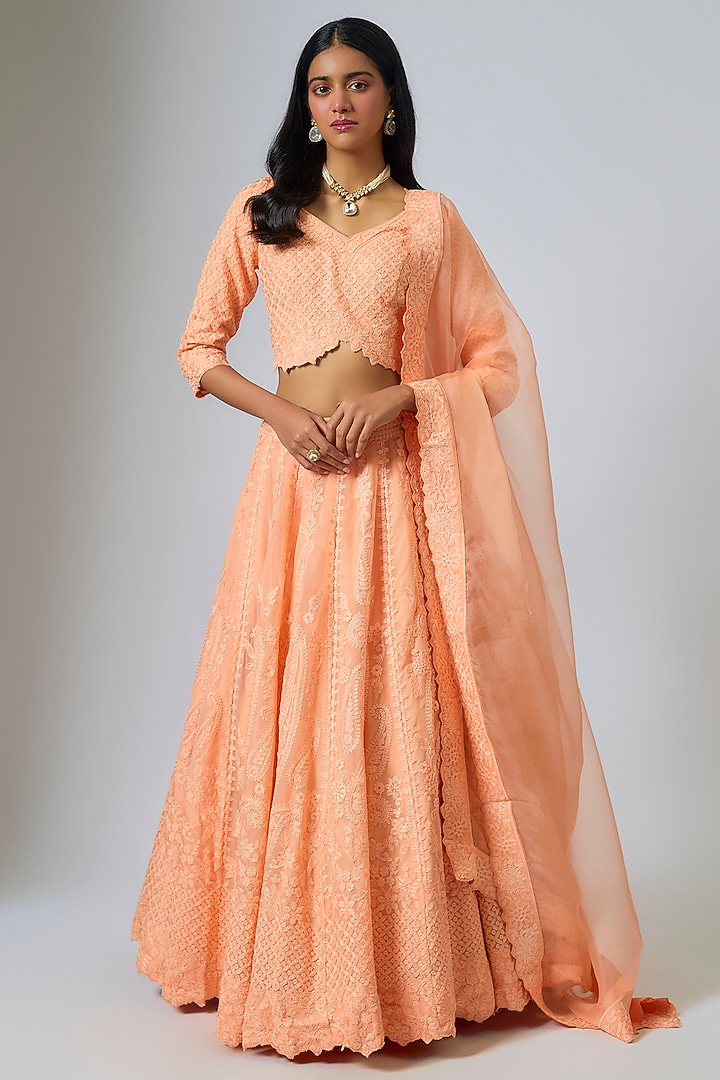 Peach Organza Dori Work Kali Wedding Lehenga Set by Suhino at Pernia's Pop Up Shop