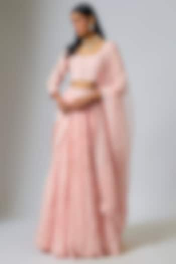 Peach Pink Organza Dori Work Pleated Wedding Lehenga Set by Suhino at Pernia's Pop Up Shop