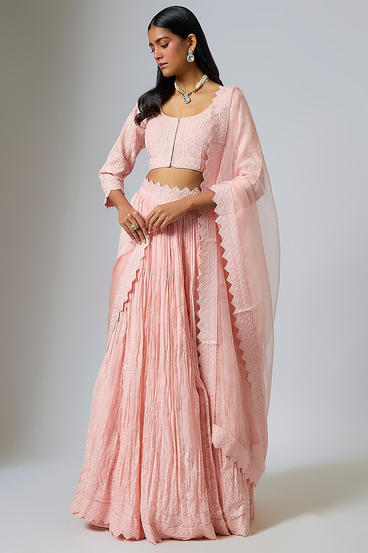 Peach Pink Organza Dori Work Pleated Wedding Lehenga Set by Suhino at Pernia's Pop Up Shop