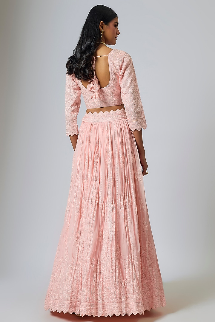 Peach Pink Organza Dori Work Pleated Wedding Lehenga Set by Suhino at Pernia's Pop Up Shop