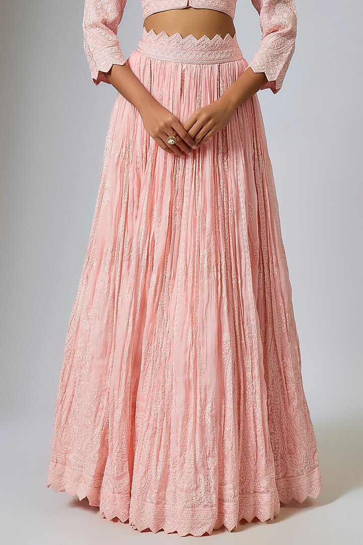 Peach Pink Organza Dori Work Pleated Wedding Lehenga Set by Suhino at Pernia's Pop Up Shop