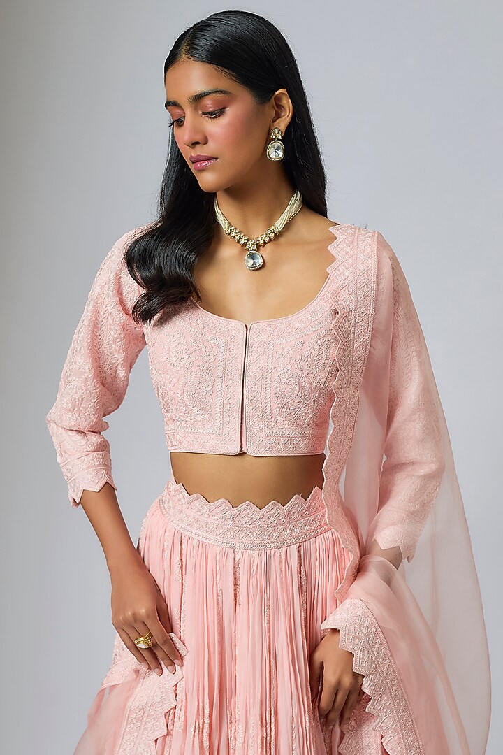 Peach Pink Organza Dori Work Pleated Wedding Lehenga Set by Suhino at Pernia's Pop Up Shop