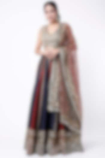 Navy Blue & Red Embroidered Lehenga Set by Suhino