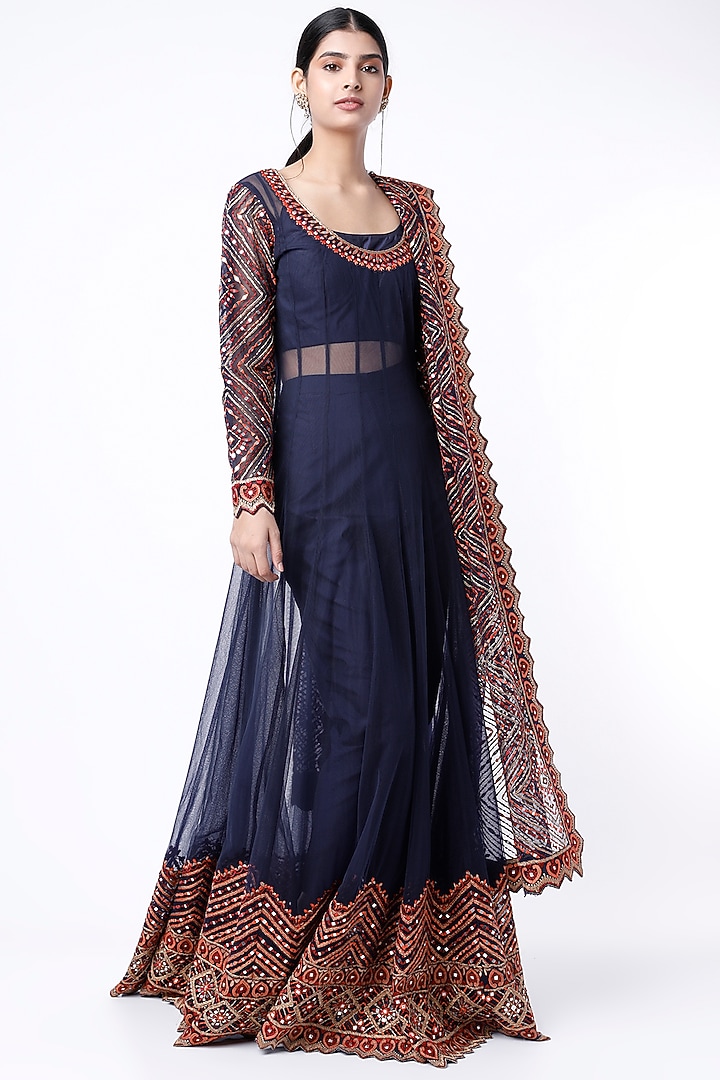 Midnight Blue Embroidered Wedding Anarkali Set by Suhino at Pernia's Pop Up Shop