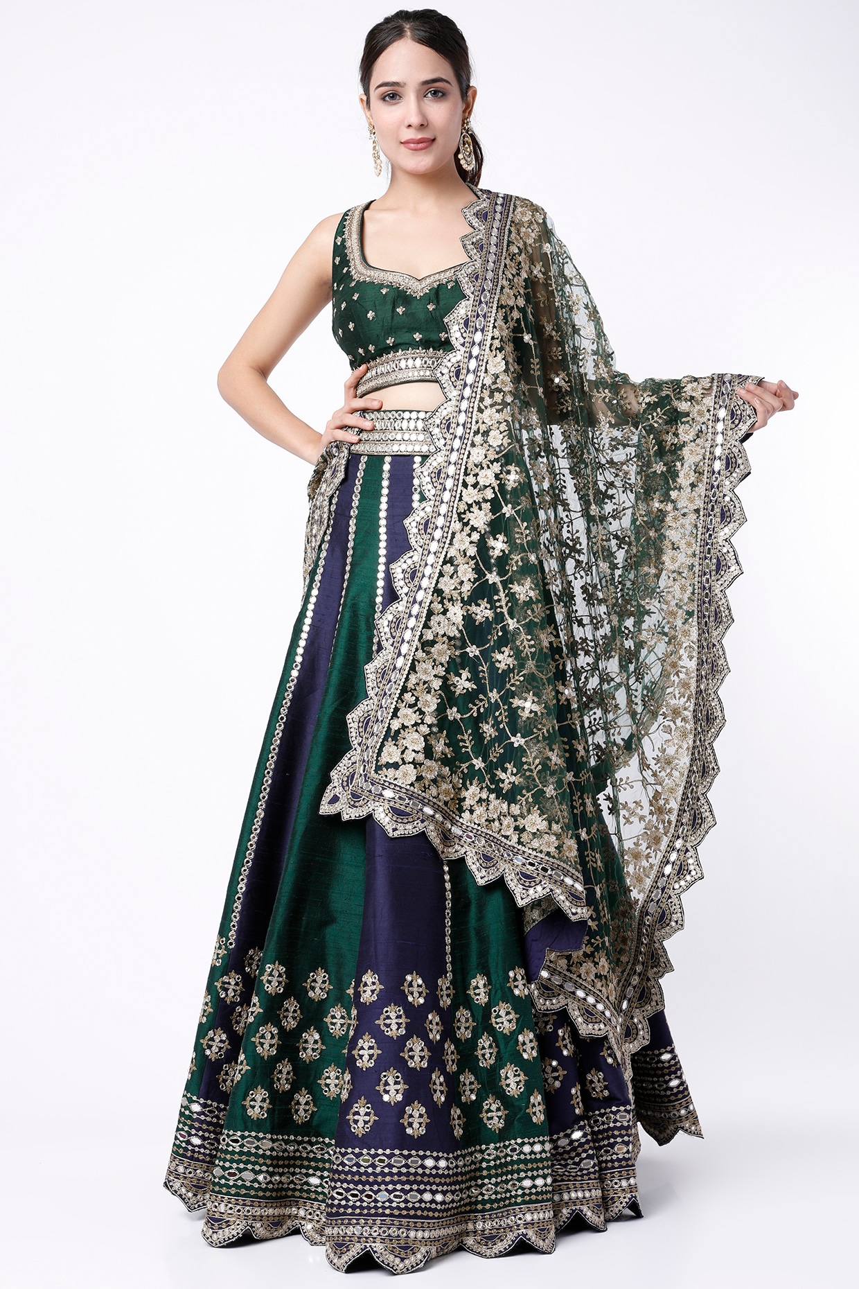 Buy Peacock Blue, Teal And Green Shaded Lehenga With A Abla Embroidered  Peacock Blue Choli