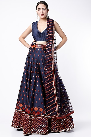 Midnight Blue Embroidered Lehenga Set by Suhino