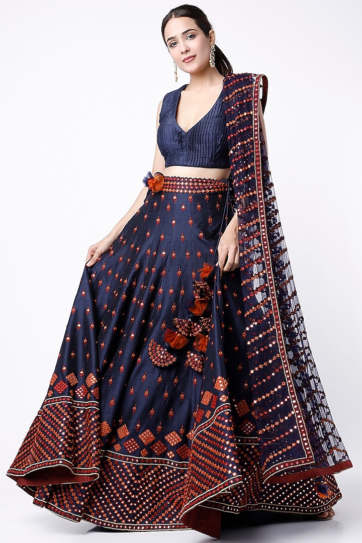 Midnight Blue Embroidered Wedding Lehenga Set by Suhino at Pernia's Pop Up Shop
