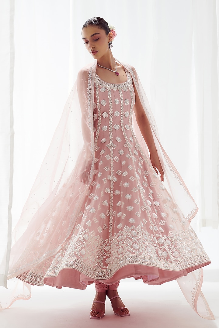 Pink Net Pearl Embroidered Anarkali Set by Suhino at Pernia's Pop Up Shop