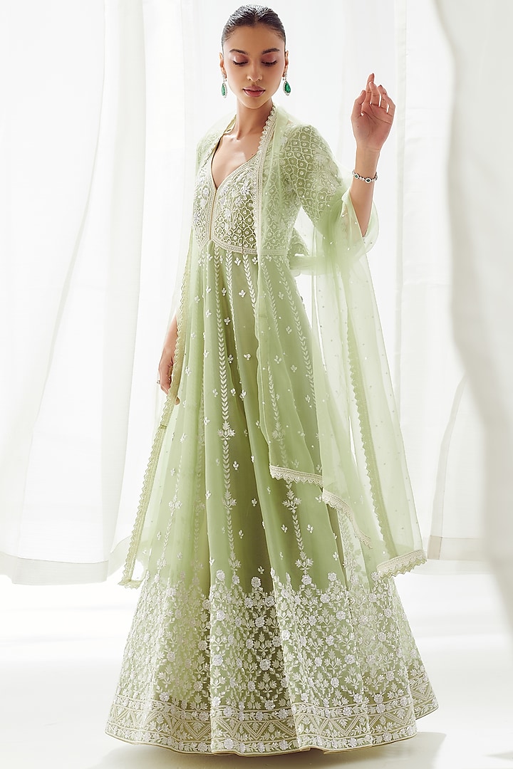 Green Organza Embroidered Anarkali Set by Suhino at Pernia's Pop Up Shop