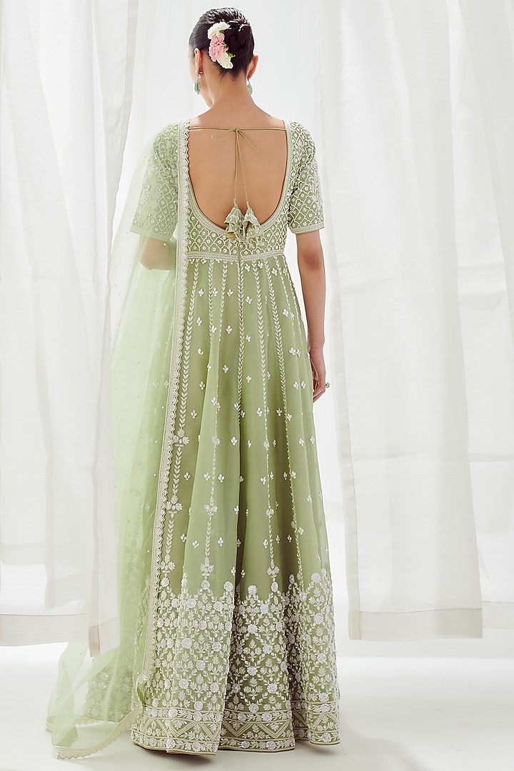 Green Organza Embroidered Bridal Anarkali Set by Suhino at Pernia's Pop Up Shop