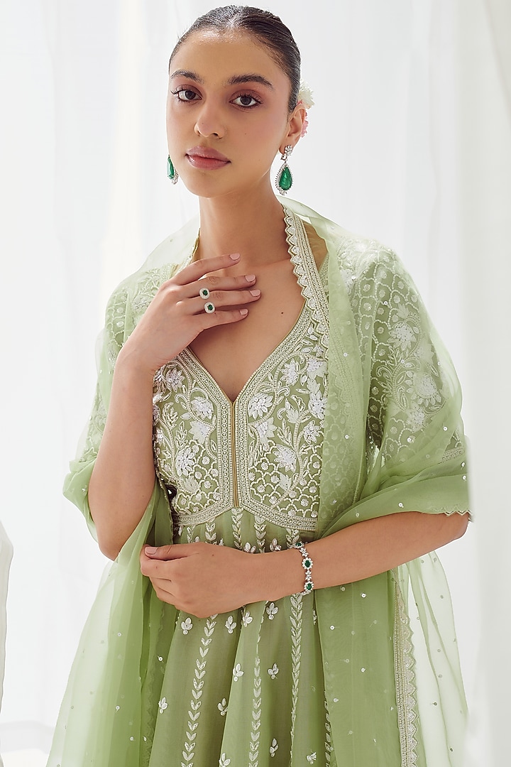Green Organza Embroidered Bridal Anarkali Set by Suhino at Pernia's Pop Up Shop