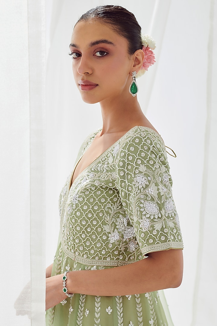 Green Organza Embroidered Bridal Anarkali Set by Suhino at Pernia's Pop Up Shop
