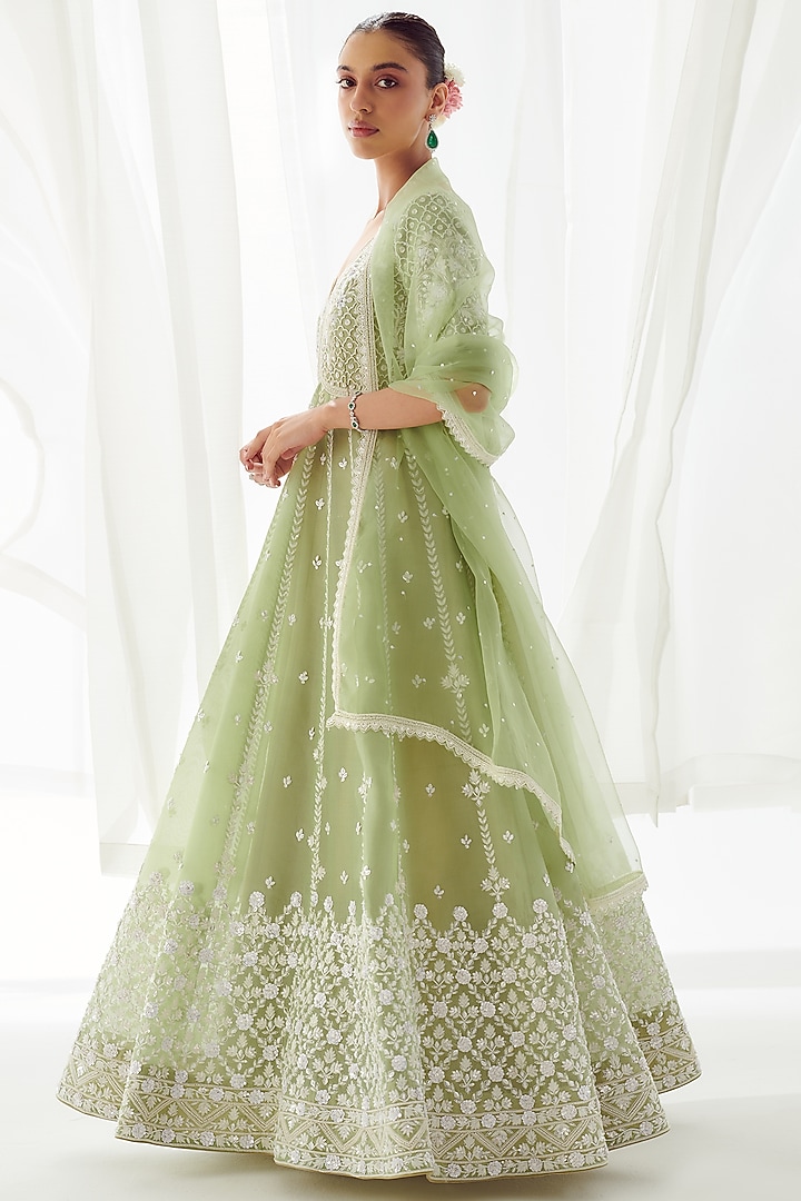 Green Organza Embroidered Bridal Anarkali Set by Suhino at Pernia's Pop Up Shop