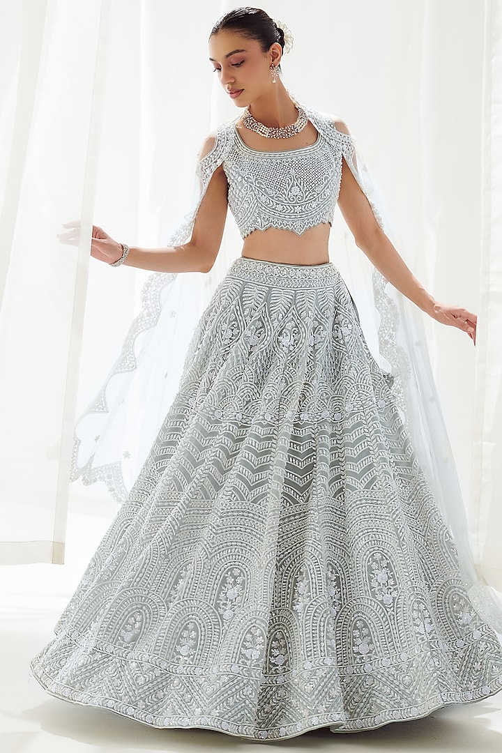 Grey Organza Embroidered Bridal Lehenga Set by Suhino at Pernia's Pop Up Shop