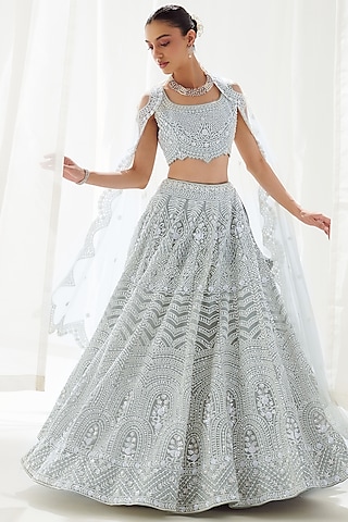 Grey Organza Embroidered Lehenga Set by Suhino