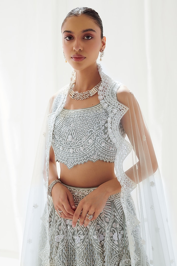 Grey Organza Embroidered Bridal Lehenga Set by Suhino at Pernia's Pop Up Shop
