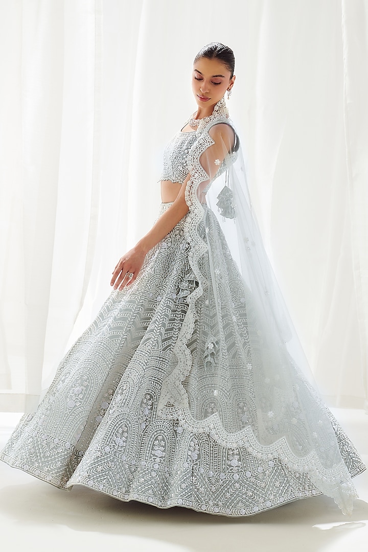 Grey Organza Embroidered Bridal Lehenga Set by Suhino at Pernia's Pop Up Shop