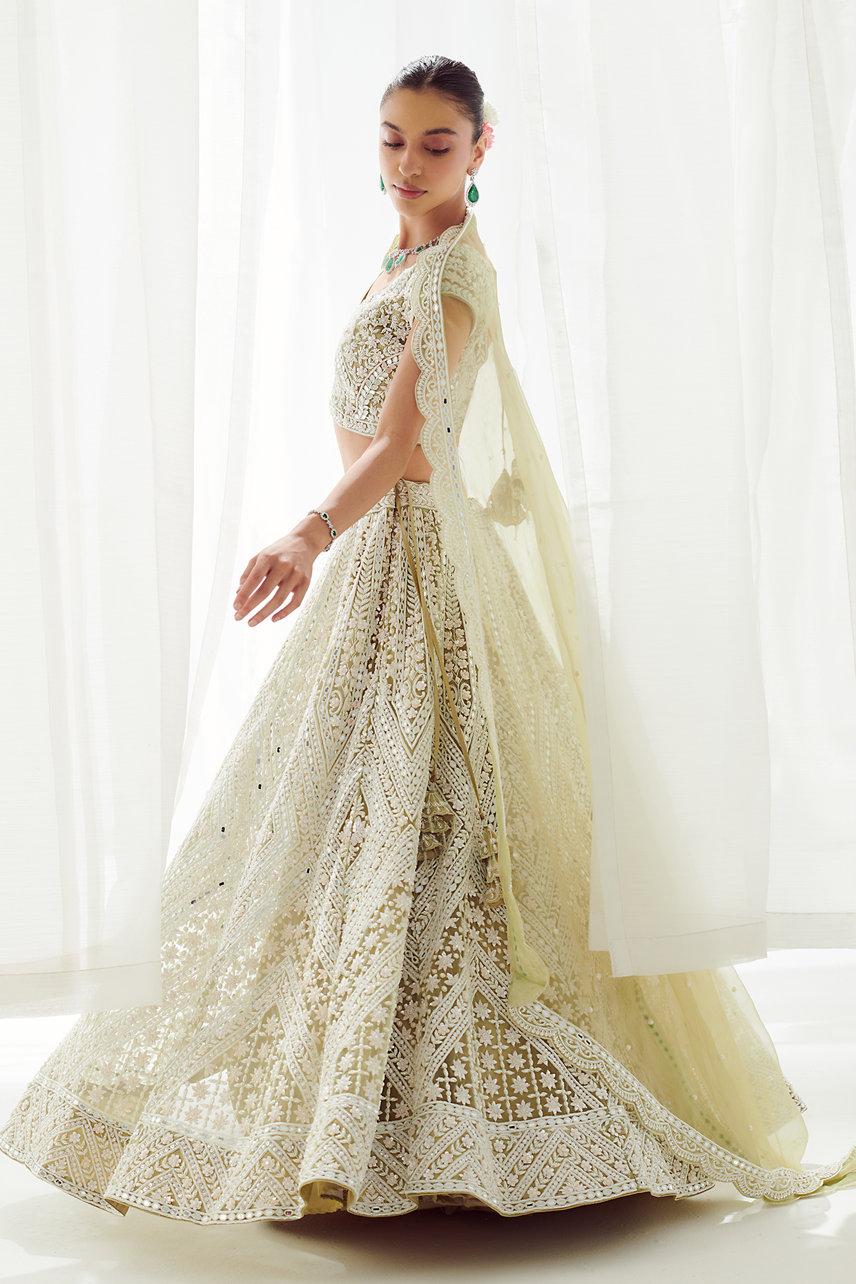 Green Net Embroidered Bridal Lehenga Set by Suhino at Pernia's Pop Up Shop