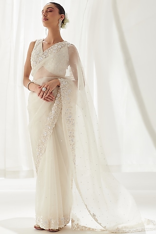 White Organza Embroidered Saree Set by Suhino
