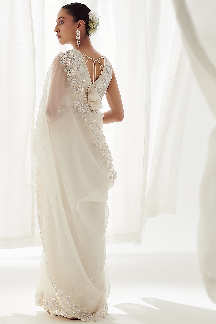 White Organza Embroidered Wedding Saree Set by Suhino at Pernia's Pop Up Shop