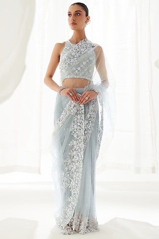 Grey Net Resham Embroidered Saree Set by Suhino
