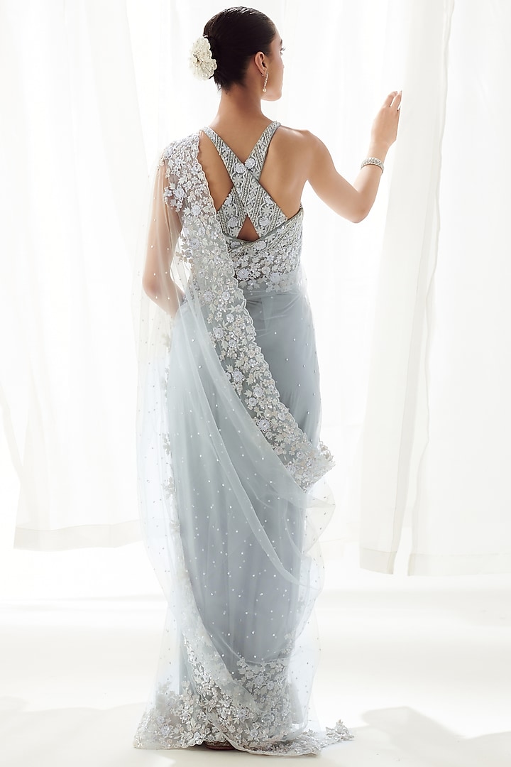 Grey Net Resham Embroidered Wedding Saree Set by Suhino at Pernia's Pop Up Shop