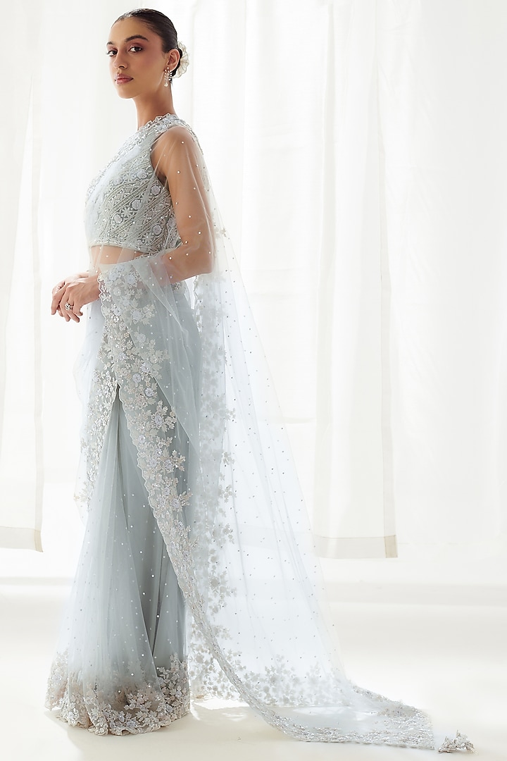 Grey Net Resham Embroidered Wedding Saree Set by Suhino at Pernia's Pop Up Shop